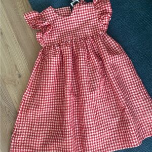 Ganni Red and White Gingham Ruffle Sleeve Dress